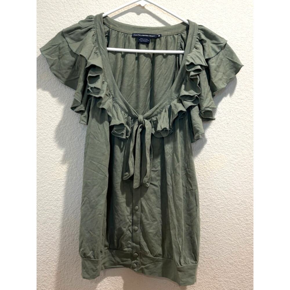 Ralph Lauren Sport Green Pima Cotton Blend Ruffle Tie Front Blouse Size M